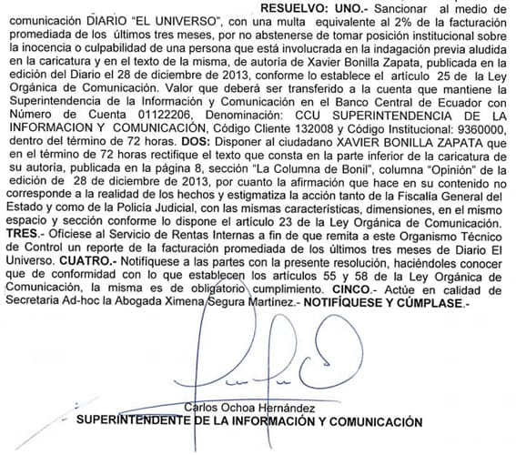 Rafael Correa contra el viñetista Bonil, resolución Supercom