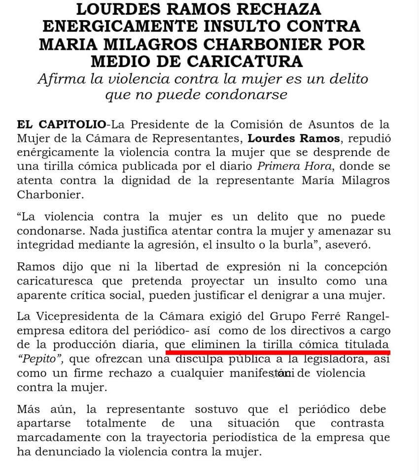 Puerto Rico, el diario Primera Hora despide a los autores de la tira "Pepito" tras las quejas de políticos