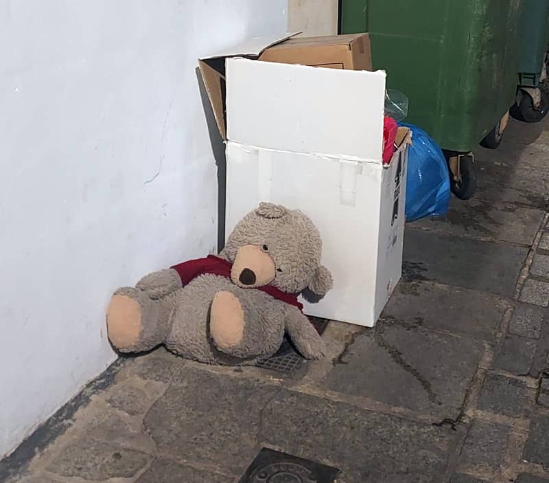 Un oso de peluche tirado a la basura junto a unas cajas de cartón, bolsas y unos contenedores. Volver al trabajo