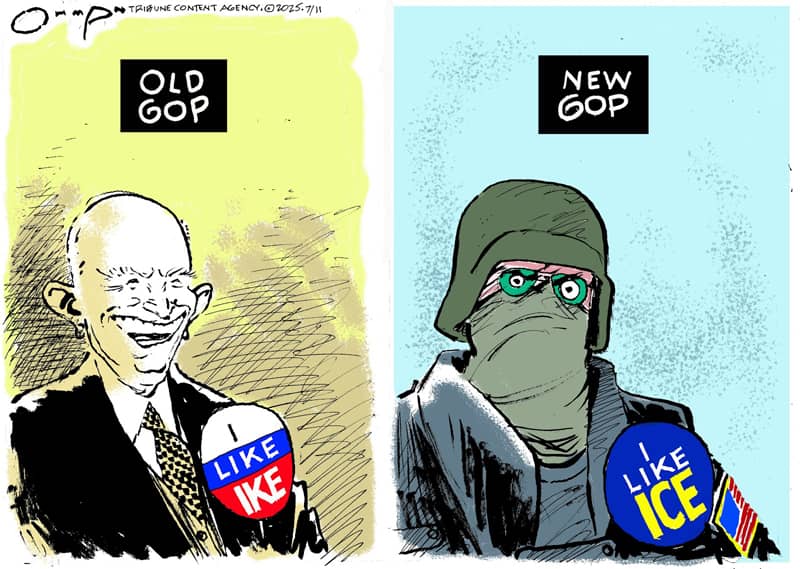 viñeta de Jack Ohman compara la evolución del Partido Republicano (GOP).A la izquierda ("Old GOP"). Aparece Dwight D. Eisenhower (apodado "Ike"), presidente en los años 50 y símbolo de un conservadurismo más institucional y amable. Lleva el famoso lema "I Like Ike" (Me gusta Ike).
A la derecha ("New GOP"). Se muestra la versión actual, representada por un agente con el rostro cubierto y casco táctico. Su chapa dice "I Like ICE" (Me gusta el ICE).