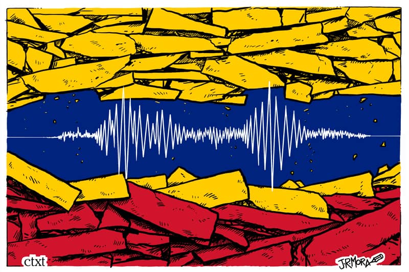 Viñeta de JRMora para CTXT sobre los terremotos de Venezuela de junio de 2026. Bandera de Venezuela fracturada en bloques rotos amarillos y rojos, con una línea de sismógrafo blanca en la franja azul que muestra dos picos de actividad sísmica.