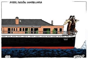 Ilustración de Ayuso y Alberto González Amador como Rose y Jack en la proa del Titanic. Están en la terraza de su ático pero es un barco con un iceberg delante.